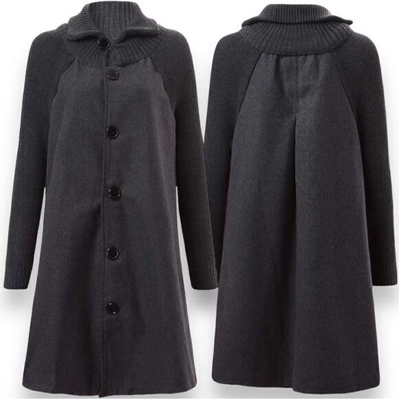 Yipon Yichu Yiponyichu A-Line Button Front Knit Collar Sleeves Swing Coat - Picture 2 of 16